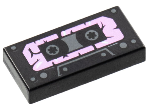 Tile 1 x 2 with Cassette Tape with Bright Pink Tattered Label Pattern