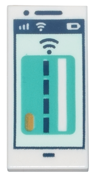 Tile 1 x 2 with Cell Phone / Smartphone with Dark Turquoise Debit / Credit Card on Light Aqua Background, Signal Strength, WiFi, Battery Level and Dark Blue Outline and Contactless Payment Symbol Pattern