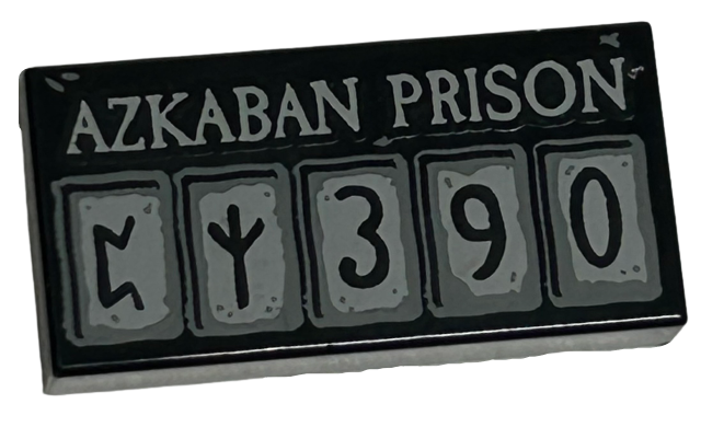 Tile 1 x 2 with Light Bluish Gray 'AZKABAN PRISON' and Squares with Runes and '390' Pattern