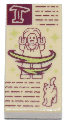 Tile 1 x 2 with Dark Red Minifigure, Stylized Capital Letter T, Scribbles, and Cat, Lime Sparkles and Swirls Pattern