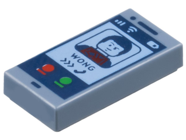 Tile 1 x 2 with Cell Phone / Smartphone with Dark Blue Minifigure, 'WONG', Calling Symbol, and Red and Green Buttons Pattern