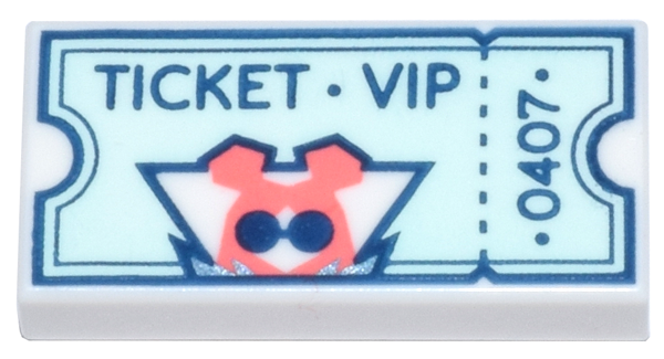 Tile 1 x 2 with Light Aqua Ticket with Tear Stub, Dark Blue 'TICKET VIP' and '0407' and Ley-La Mini Doll Silhouette with Coral Hair Pattern