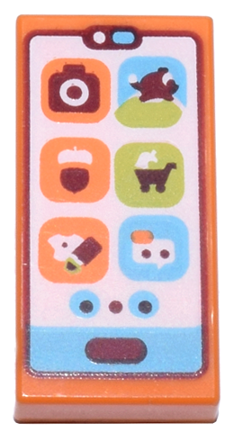 Tile 1 x 2 with Cell Phone / Smartphone with Medium Azure Bar and Buttons and Orange and Lime Icons Pattern (Animal Crossing NookPhone)