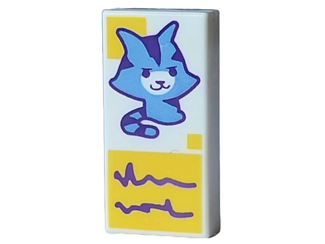 Tile 1 x 2 with Medium Blue Cat, Yellow Squares and Dark Purple Scribbles in Rectangle Pattern