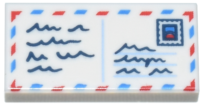 Tile 1 x 2 with Red and Blue Lines, Dark Blue Square and Scribbles Pattern (Air Mail Envelope / Postcard with Stamp)