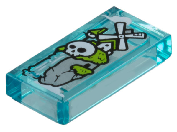 Tile 1 x 2 with Light Bluish Gray Rock, Lime Grass, White Windmill, Skull and Waterfall Pattern