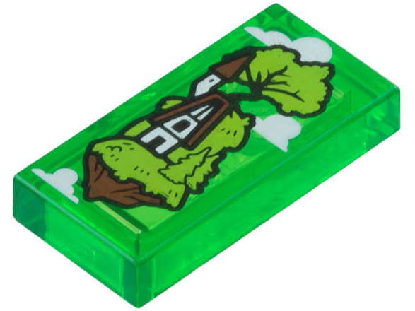 Tile 1 x 2 with Clouds and Floating Island with Lime Grass and Trees, White and Reddish Brown Cottage Pattern