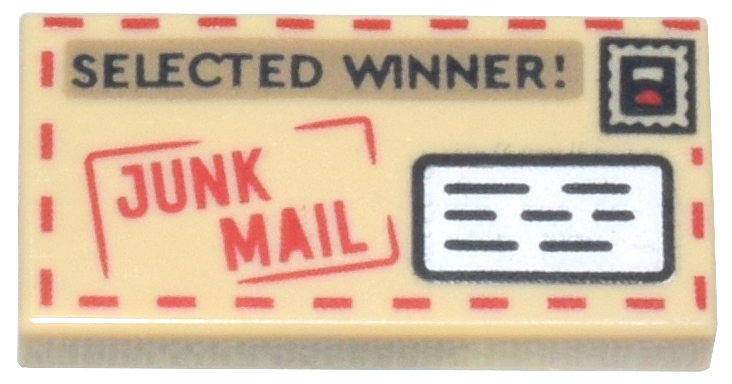 Tile 1 x 2 with Red 'JUNK MAIL' and Black 'SELECTED WINNER!' Pattern (Mail Envelope with Stamp and Address)