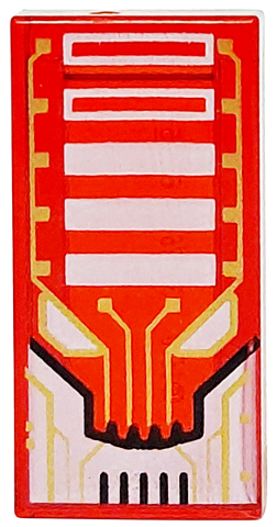 Tile 1 x 2 with Alien Robot Face with Gold Circuitry, Black Lines, White Eyes and Rectangles Pattern