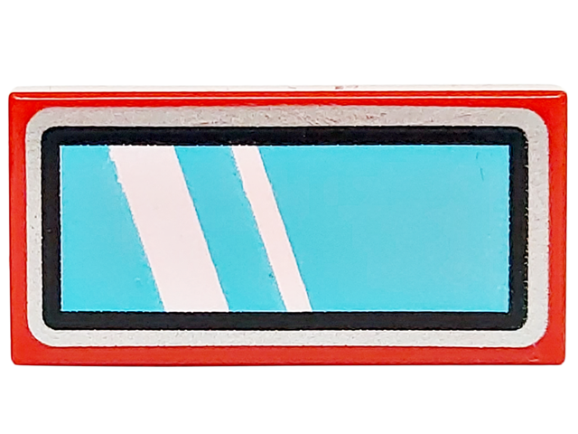 Tile 1 x 2 with Medium Azure Glass Windshield with White Reflections / Stripes and Black and Silver Border Pattern (BrickHeadz Optimus Prime Robot Chest)