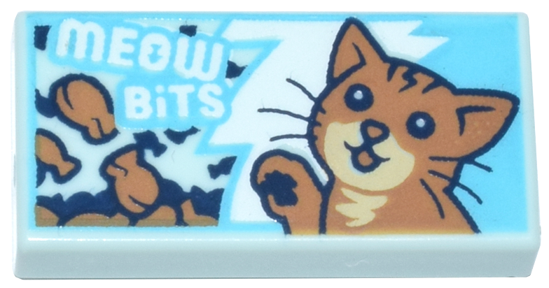 Tile 1 x 2 with 'MEOW BiTS' and Medium Nougat and Tan Cat on White and Medium Azure Jagged Background Pattern