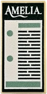 Tile 1 x 2 with Dark Green and White Sign with 'AMELIA', Text Lines, Sand Green Dots and Rectangles Pattern