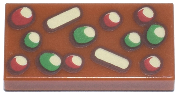 Tile 1 x 2 with Red, Green and Tan Fruitcake Pattern