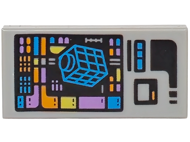 Tile 1 x 2 with Screen with Dark Azure, Medium Lavender, Orange and Yellow Bars and 1 x 1 Brick on Black Background Pattern