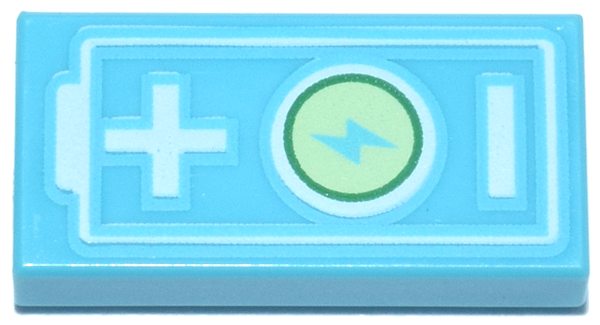 Tile 1 x 2 with Electric Car Battery with Green Circle, Yellowish Green Lightning Bolt Power Symbol and White Plus and Minus Sign Pattern