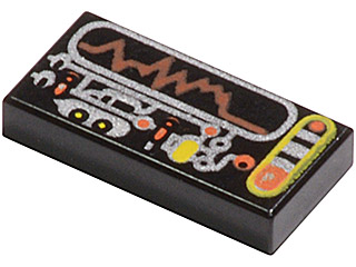 Tile 1 x 2 with Silver, Orange, Yellow Circuitry & Display Pattern