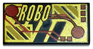 Tile 1 x 2 with RoboForce Gold 'ROBO' and Red Circuitry Pattern