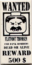 Tile 1 x 2 with Black 'WANTED', 'FLATFOOT THOMSEN', 'FOR BANK ROBBERY', 'DEAD OR ALIVE', 'REWARD', and '500 $' Pattern