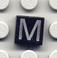 Tile 1 x 1 with Silver Capital Letter M Pattern