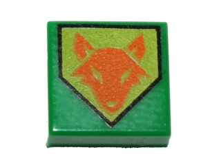 Tile 1 x 1 with Orange Fox Head on Lime Pentagonal Shield Pattern