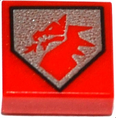 Tile 1 x 1 with Red Dragon Head on Silver Pentagonal Shield Pattern