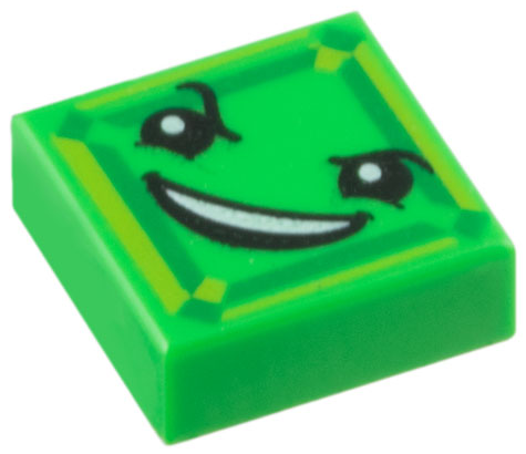 Tile 1 x 1 with Black Eyes, Raised Eyebrow, Fiendish Smile with Teeth and Lime and Green Square Pattern (Kryptomite Face)