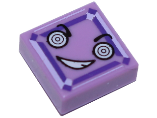 Tile 1 x 1 with White Hypnotic Eyes, Crooked Smile with Teeth, Lavender and Dark Purple Square Pattern (Kryptomite Face)