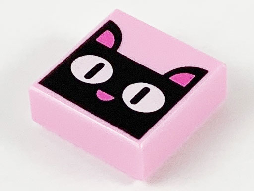 Tile 1 x 1 with Black Cat Head / Face, White Eyes, and Dark Pink Ears and Nose Pattern