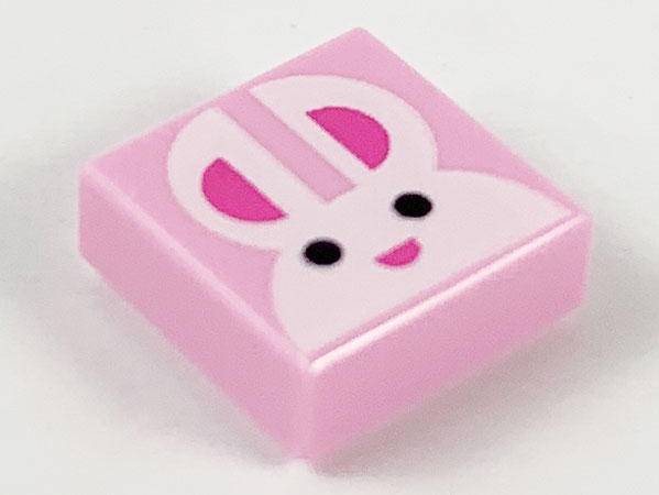 Tile 1 x 1 with White Bunny Rabbit Head / Face, Black Eyes, and Dark Pink Ears and Nose Pattern