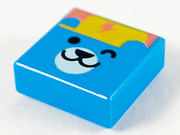 Tile 1 x 1 with Winking Bear Face, Bright Light Orange Cap and Coral Lightning Bolt Pattern