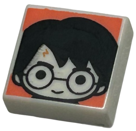 Tile 1 x 1 with Male Head with Smile, Black Eyebrows, Glasses, and Hair, and Medium Nougat Lightning Bolt Scar on Coral Background Pattern (HP Harry Potter)