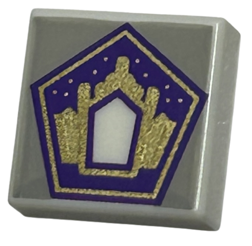 Tile 1 x 1 with Dark Purple and Gold Pentagon with Building with Doorway on Light Bluish Gray Background Pattern (HP Chocolate Frog Card)