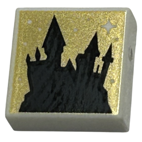 Tile 1 x 1 with Black Castle Silhouette and Dots and Sparkle on Gold Background Pattern (HP Hogwarts)