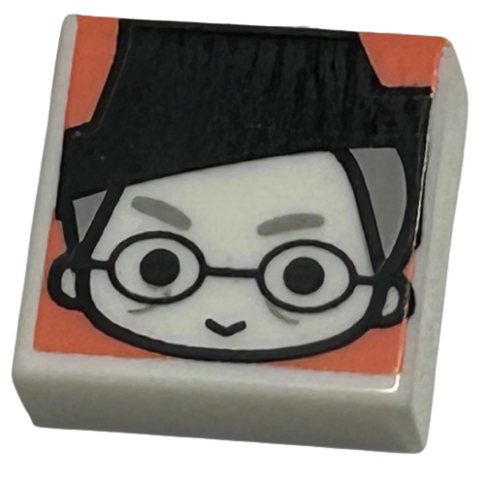 Tile 1 x 1 with Female Witch Head with Smile, Black Hat and Glasses, and Light Bluish Eyebrows and Hair on Coral Background Pattern (HP Minerva McGonagall)
