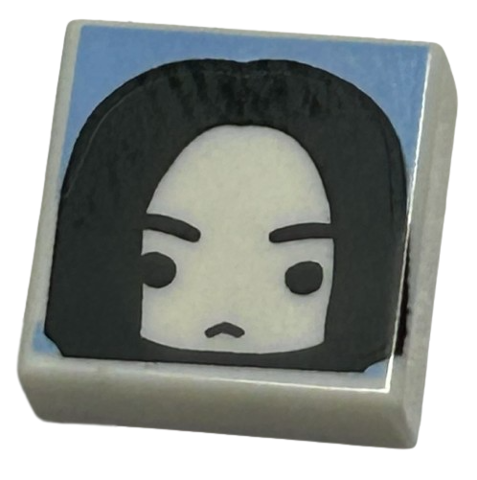 Tile 1 x 1 with Male Head with Frown, Black Eyebrows and Long Hair on Bright Light Blue Background Pattern (HP Severus Snape)