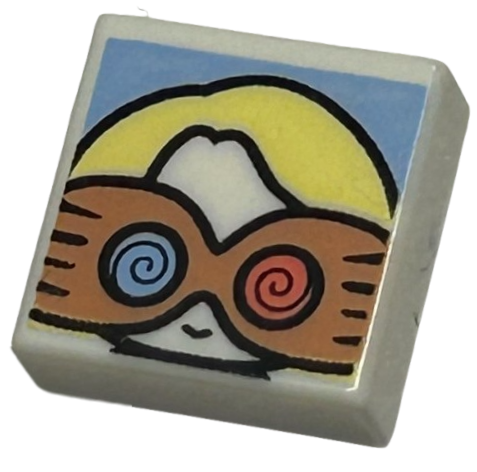 Tile 1 x 1 with Female Head with Smile, Bright Yellow Hair, and Medium Nougat Spectrespecs Glasses on Bright Light Blue Background Pattern (HP Luna Lovegood)