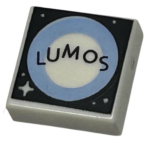 Tile 1 x 1 with 'LUMOS', Bright Light Blue Circle, Dots and Sparkle on Black Background Pattern