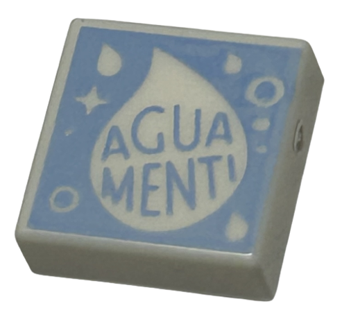 Tile 1 x 1 with 'AGUAMENTI', Water Drops, Circles, Dots and Sparkle on Bright Light Blue Background Pattern