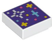 Tile 1 x 1 with Pixelated Coral, Medium Azure, White, and Yellow Stars and Dots on Dark Purple Background Pattern