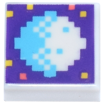 Tile 1 x 1 with Pixelated Medium Azure and White Moon, Coral and Yellow Dots on Dark Purple Background Pattern