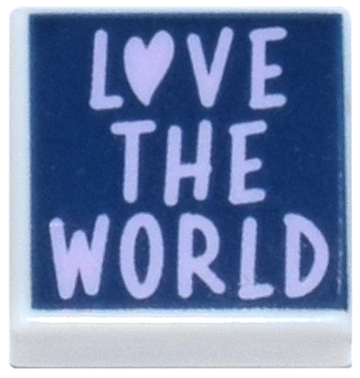 Tile 1 x 1 with Lavender 'LOVE THE WORLD' with Heart on Dark Blue Background Pattern