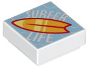 Tile 1 x 1 with 'SURFER LIFE' and Red, Orange, and Bright Light Yellow Surfboard on Bright Light Blue Background Pattern