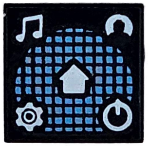 Tile 1 x 1 with White Music Notes, Minifigure Profile, Gear, Power Icon, and Home Button on Medium Blue Grid Pattern