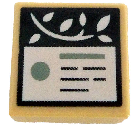 Tile 1 x 1 with White Vine and Information Plaque with Text Lines, Sand Green Rectangle and Dot on Dark Green Background Pattern