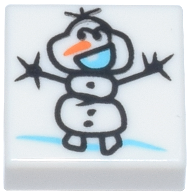 Tile 1 x 1 with Black Snowman (Olaf) Stick Figure Drawing, Bright Light Blue Mouth and Orange Nose Pattern