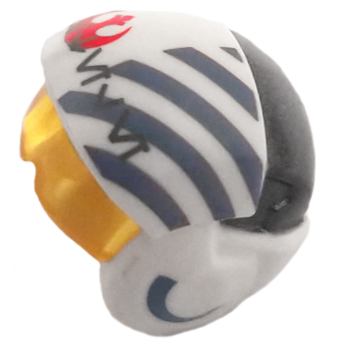Minifigure, Headgear Helmet SW Rebel Pilot Raised Front with Trans-Yellow Visor with Blue Diagonal Stripes and Dark Bluish Gray Alien Letters Pattern