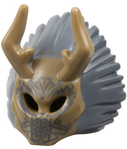 Minifigure, Headgear Mask Ornate with Antelope Horns, Dark Bluish Gray Lion Mane and Tribal Markings Pattern