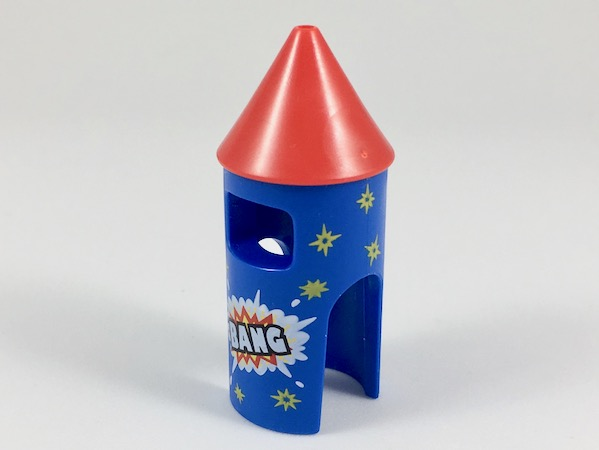 Minifigure, Headgear Head Cover, Costume Firework Rocket with Red Top, 'BANG' and Yellow Stars Pattern