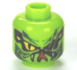 Minifigure, Head Alien with Yellow Snake Eyes, Scars Across Left Eye, Dark Green Markings, Wide Lopsided Open Mouth with Fangs and Red Tongue Pattern