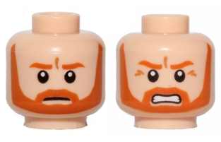 Minifigure, Head Dual Sided Dark Orange Eyebrows, Moustache and Full Beard, Medium Nougat Wrinkles, Neutral / Angry Bared Teeth Pattern